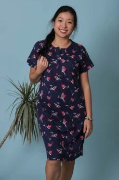 Chemise De Nuit Bleu Marine Manche Courte En Coton Toucan
