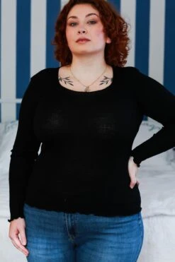 Top à Manches Longues Laine Et Soie à Côte Noir