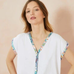 Pyjama Coton Sans Manche Blanc -Velours Intime Boutique pyjamacotonblancfleurielaurencetavernier57