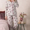 Pyjama Boutonné Coton Rosas -Velours Intime Boutique pyjamarayeboutonnegrisauxfleursrose