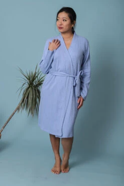 Robe De Chambre Croisé Coton Bleu Ciel