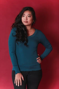 Top Manches Longues Laine Et Soie Bleu Canard